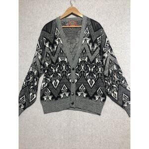 Vtg Chartwell Sweater Mens Large Grandpa Cardigan Leather Patches Black White